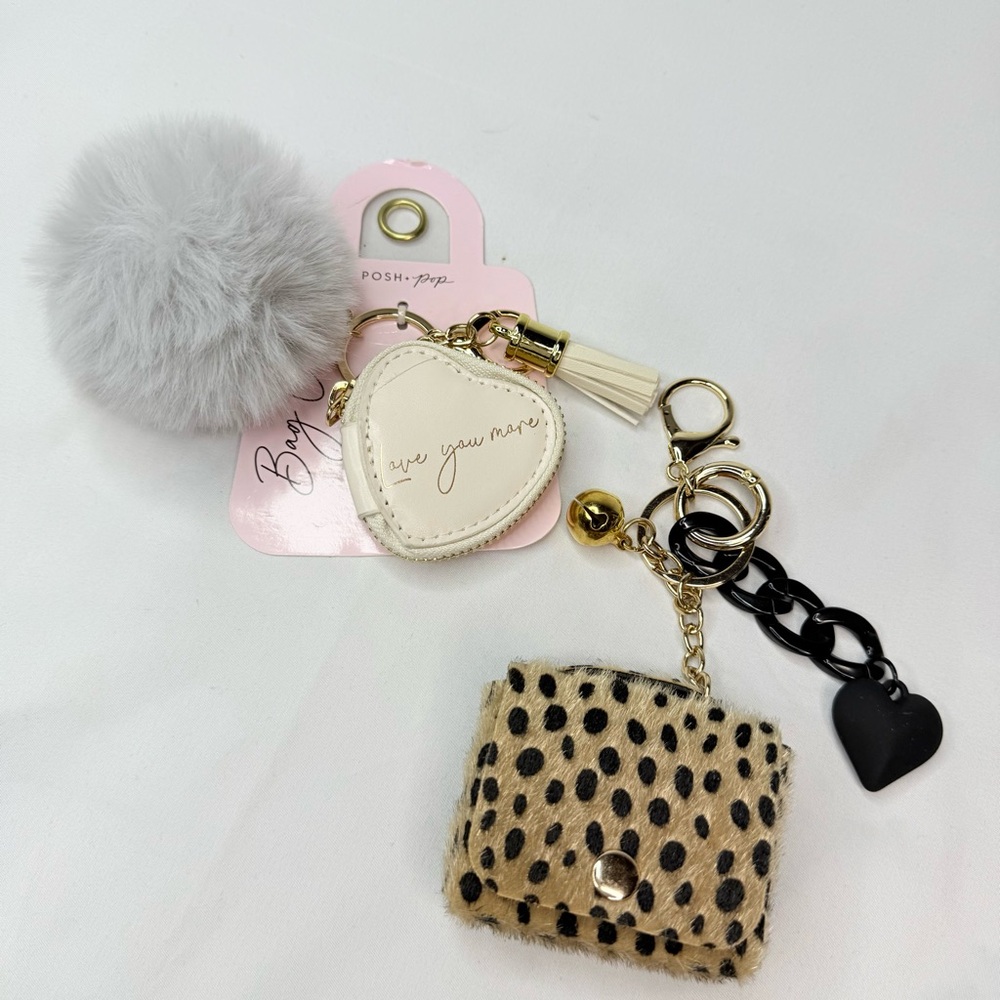 Leopard Print Bag w/Black Chain Heart AND White Zip Heart w/Pom Pom Key Fobs NWT